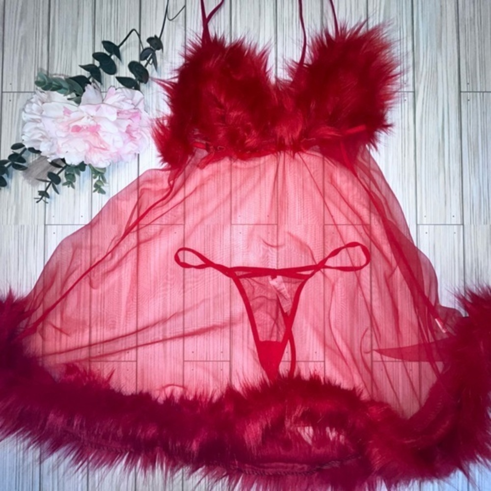 Red Fur Trim teddy with matching thong.
